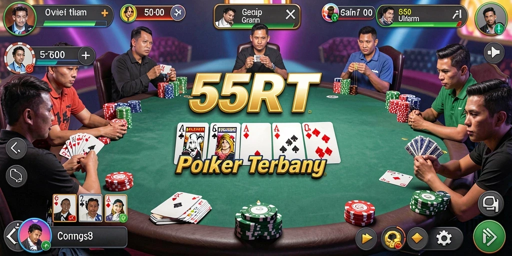 Tangkapan layar utama 55RT menampilkan momen seru dalam permainan Poker.