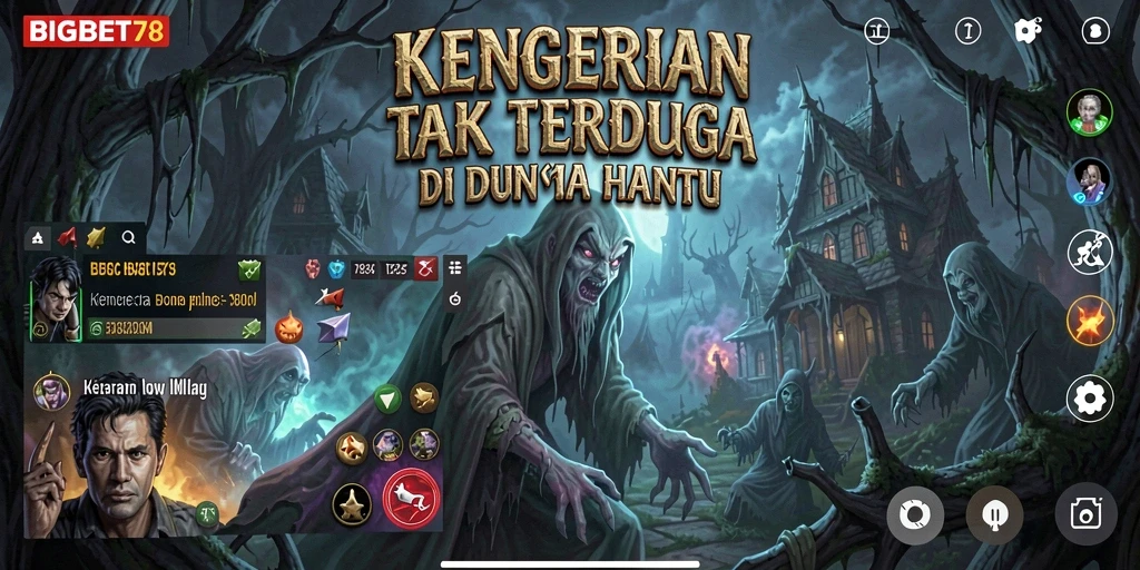 Tampilan gameplay menyeramkan BIGBET78 dengan makhluk menakutkan.