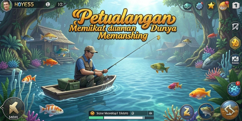 Screenshot gameplay HOYE55 menampilkan aksi memancing yang seru.