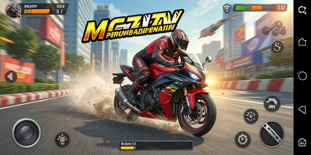 Screenshot gameplay MC777 menampilkan action balapan motor yang seru.