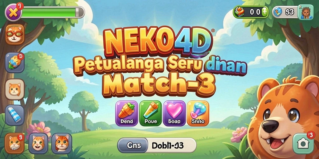 Tampilan seru gameplay Match-3 di NEKO4D dengan karakter kucing yang lucu.