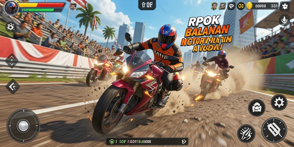 Screenshot gameplay RPOK dengan aksi balapan motor yang seru.