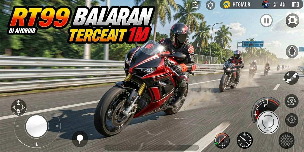 Screenshot RT99 menampilkan aksi balapan motor yang intens.