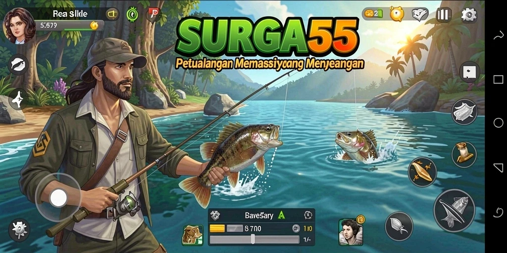 Tampilan gameplay SURGA55 yang seru saat menangkap ikan.